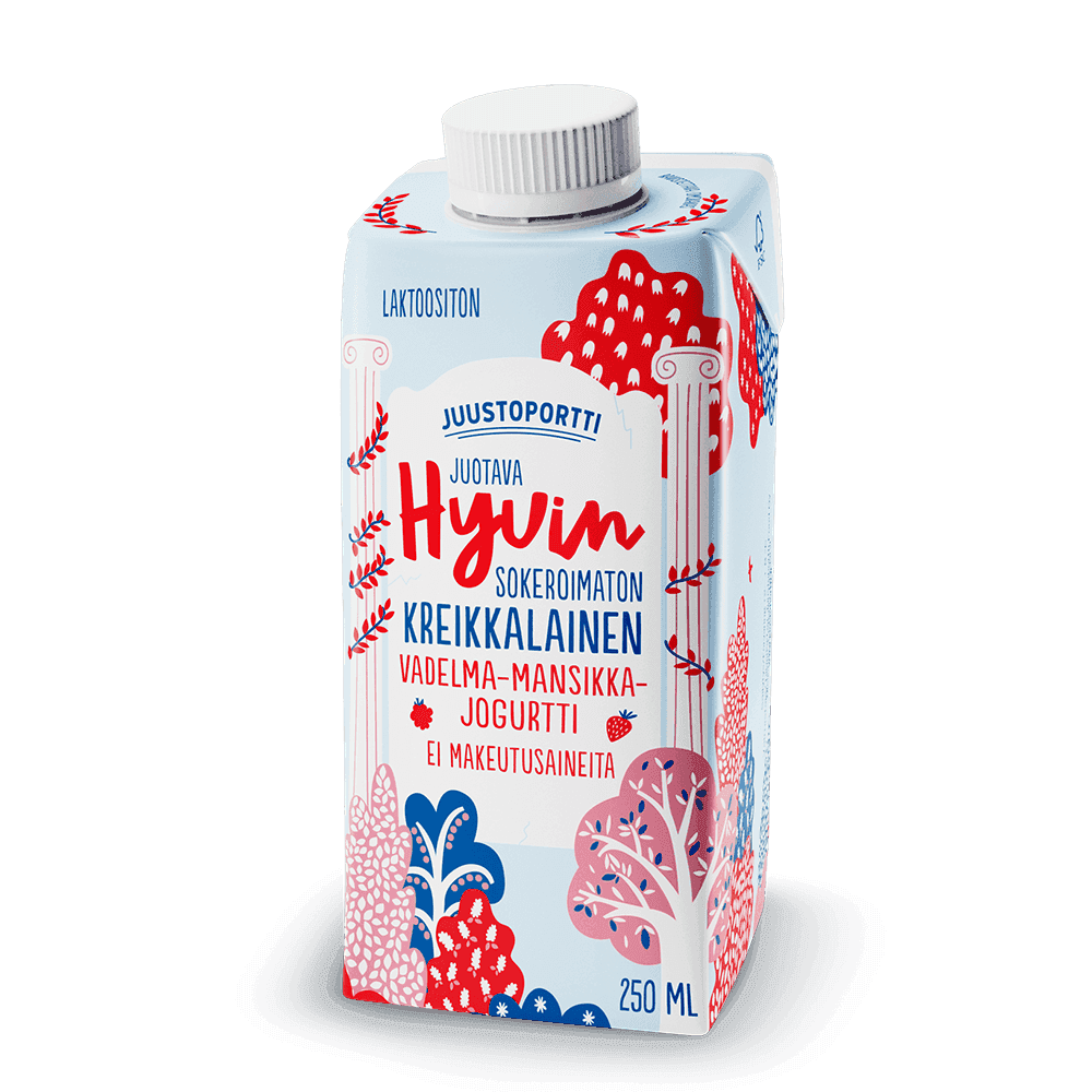 Juustoportti Hyvin sokeroimaton kreikkalainen juotava jogurtti 250 ml, vadelma-mansikka