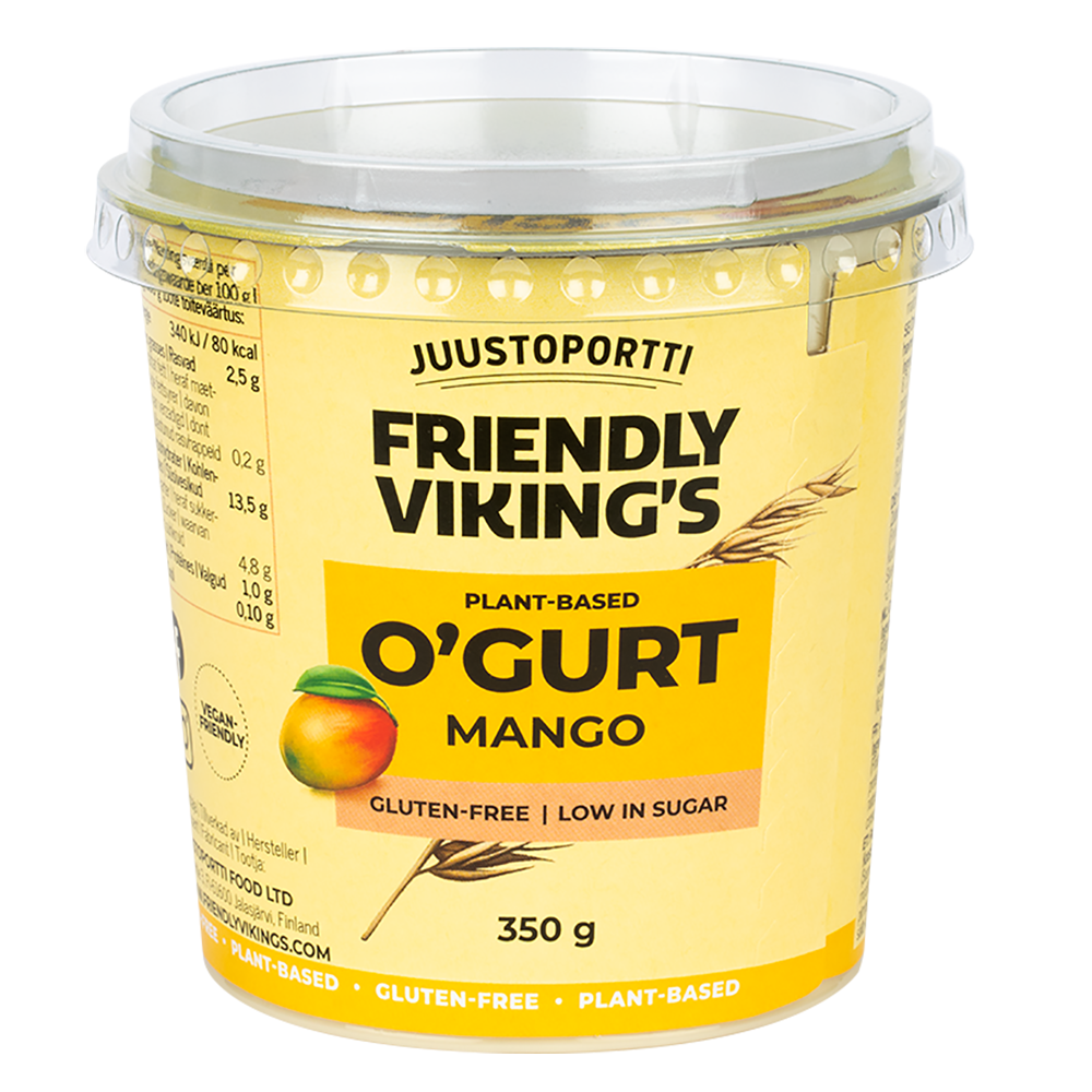 Juustoportti Friendly Viking’s O’gurt hapatettu kauravälipala mango 350 g