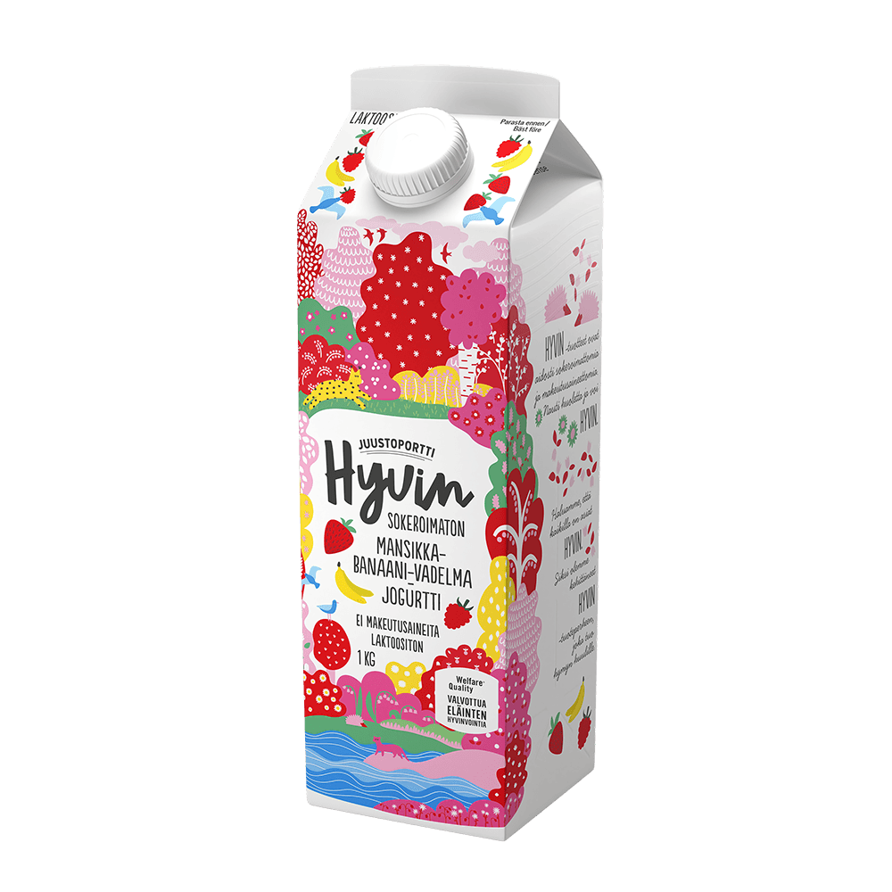 Juustoportti Hyvin sokeroimaton jogurtti 1 kg mansikka-banaani-vadelma