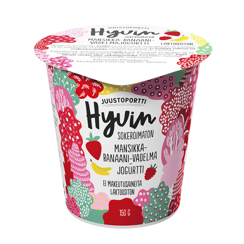 Juustoportti Hyvin sokeroimaton jogurtti 150 g mansikka-banaani-vadelma