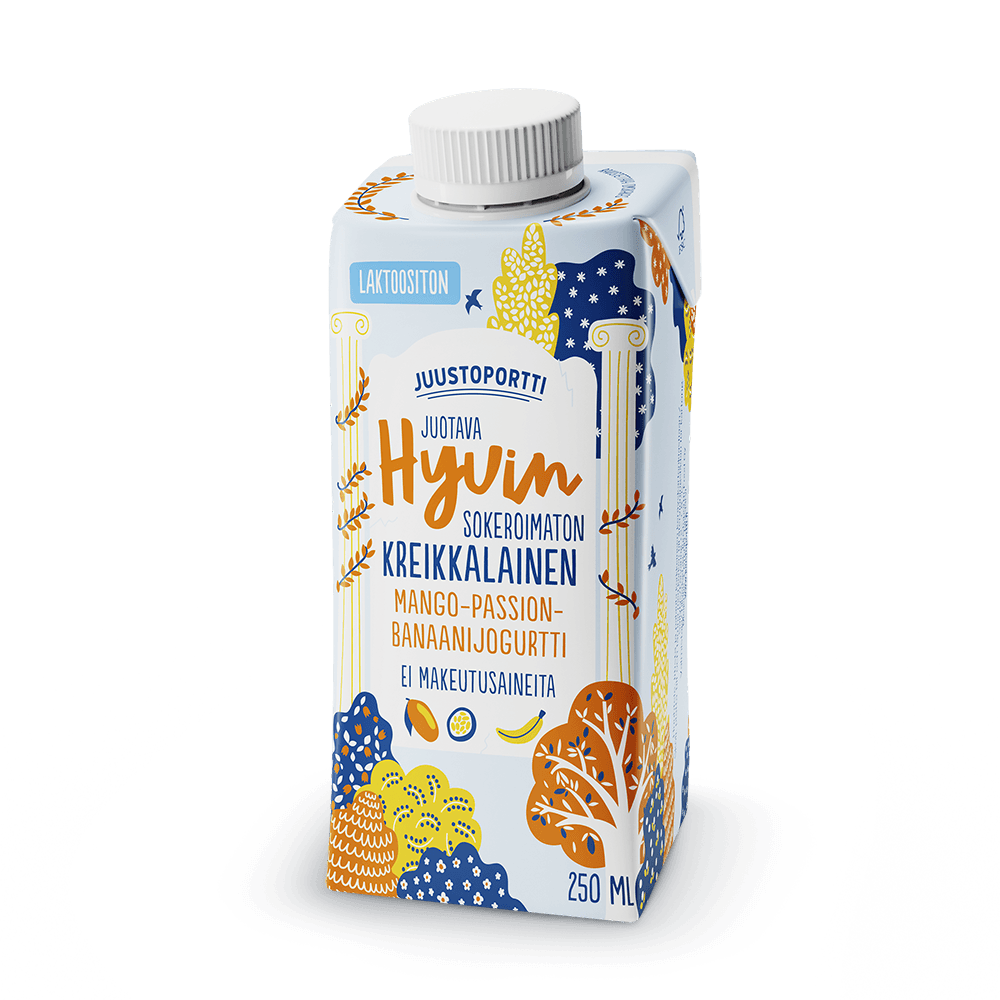 Juustoportti Hyvin sokeroimaton kreikkalainen juotava mango-passion-banaanijogurtti 250 ml