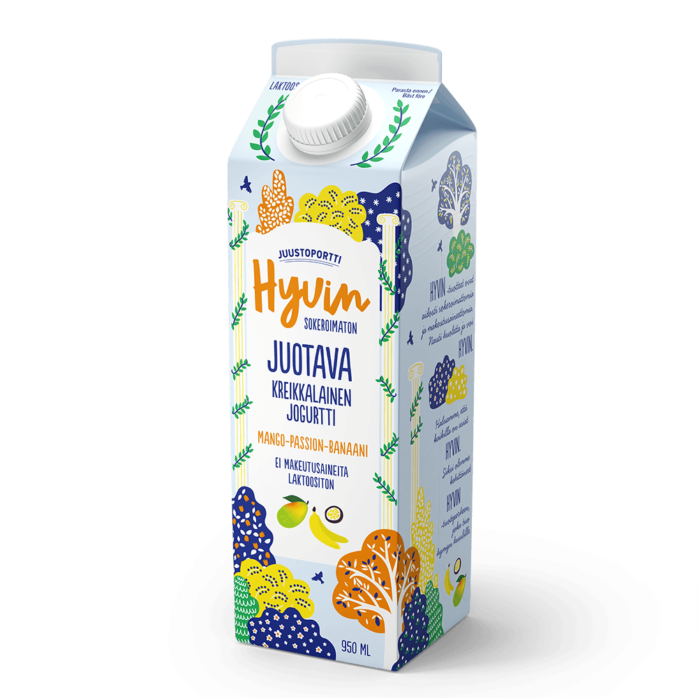 Juustoportti Hyvin sokeroimaton kreikkalainen juotava mango-passion-banaanijogurtti 950 ml