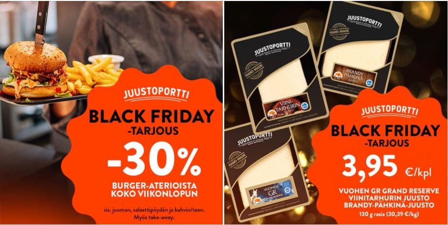 Black Friday erikoistarjouksineen Juustoportin liikenneasemilla pe 29.11.– su 1.12.2024! Tule herkuttelemaan hampurilaisaterioilla ja osta mukaan Juustoportin voittajajuustoja.