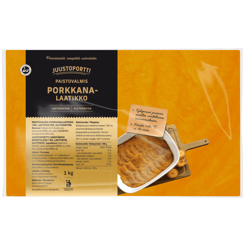 Juustoportti Paistovalmis porkkanalaatikko 1 kg laktoositon gluteeniton