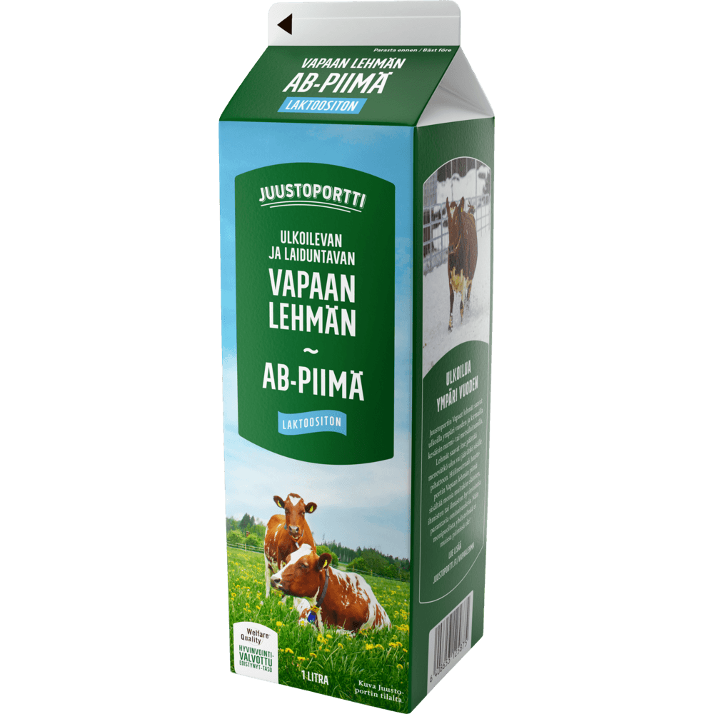 Juustoportti Vapaan lehmän AB-piimä 1 l laktoositon