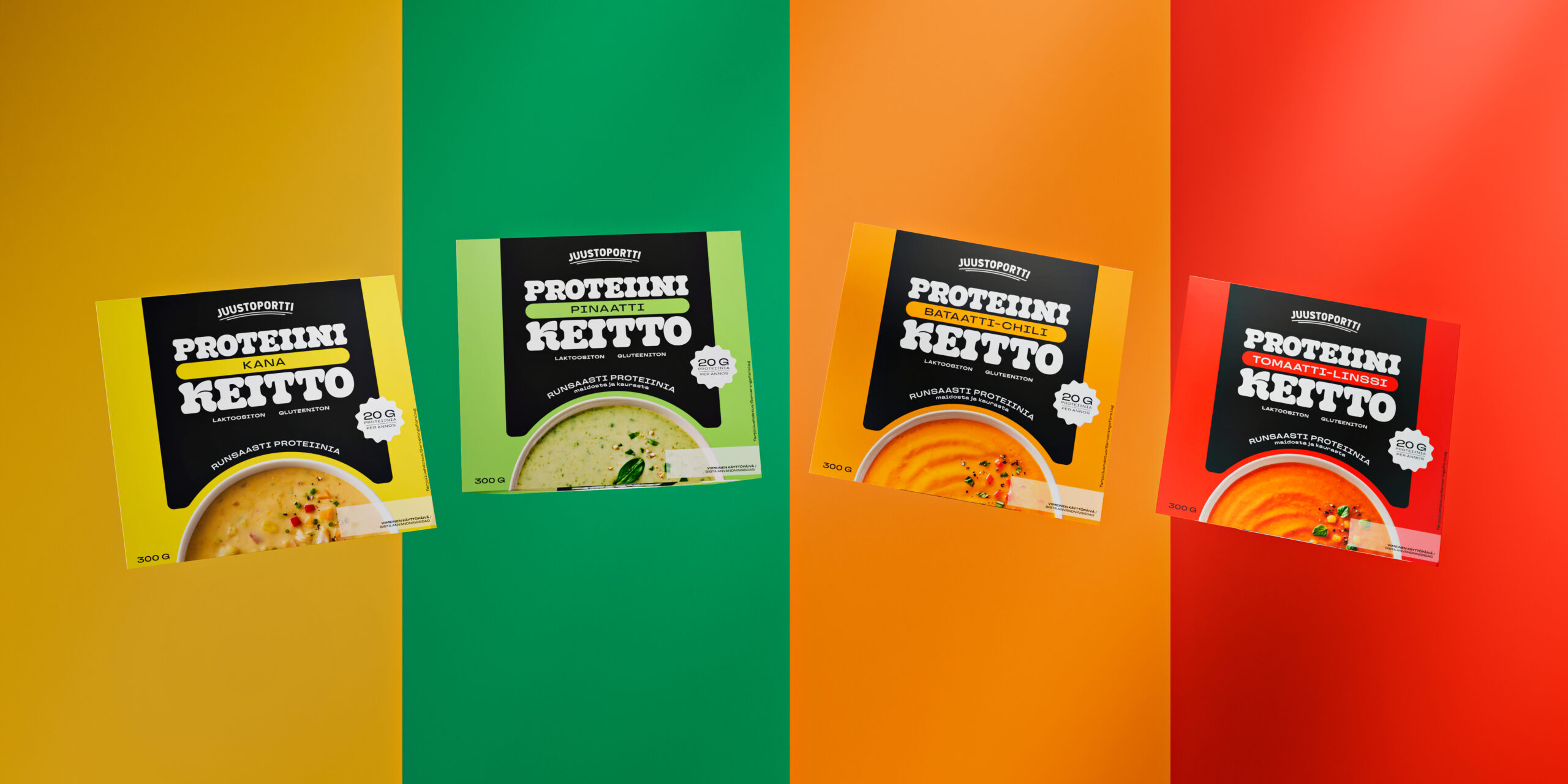Valitse Juustoportin proteiinikeitto ja proteiinipuuro. Useita makuja, erilaisiin ruokahetkiin.
