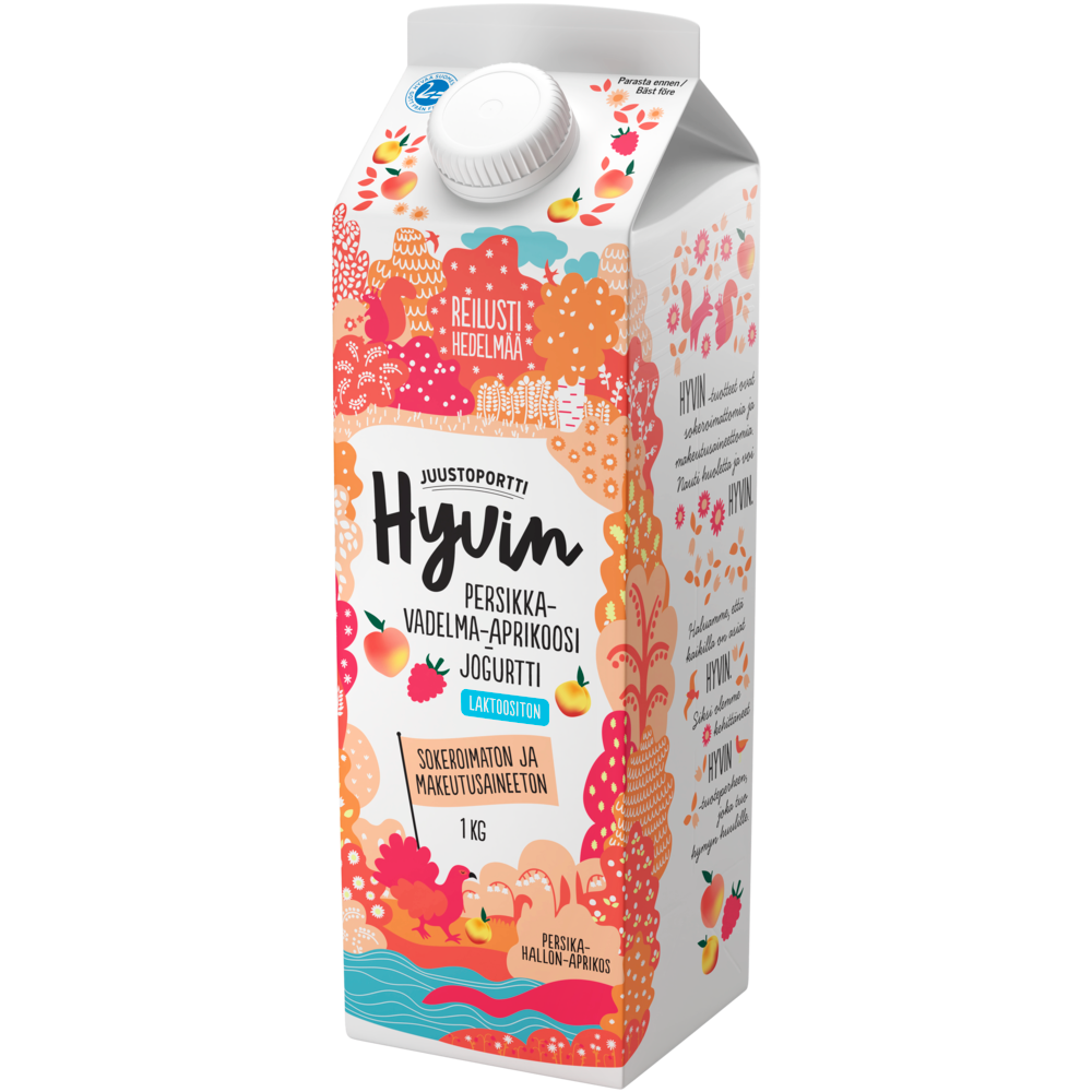Juustoportti Hyvin jogurtti 1 kg persikka-vadelma-aprikoosi laktoositon